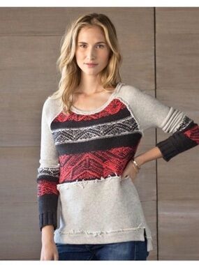 Free People Red, Black & Gray Patterned Crewneck Sweater